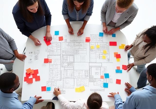 Corporate team brainstorming with primary colored boards